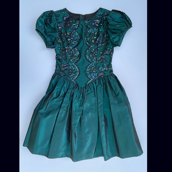 Jessica McClintock Gunne Sax Green Dress w/ Sequins on Bodice Black Trim Size 10 - Picture 4 of 15